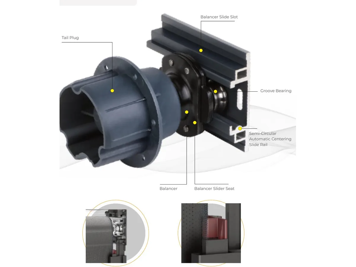 Smart Balancer components: tail plug, balancer, groove bearing and centering slide rail
